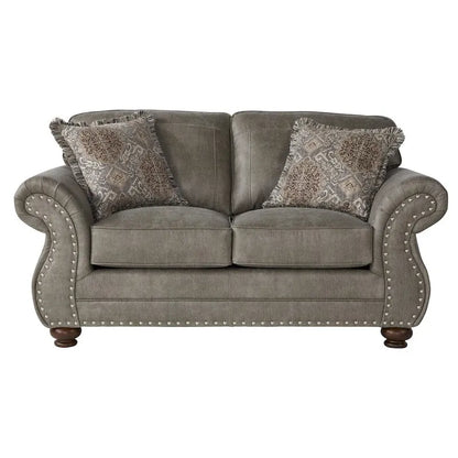 Roundhill Furniture Leinster Faux Leather Upholstered Nailhead Sofa and Loveseat Set in Stone Gray