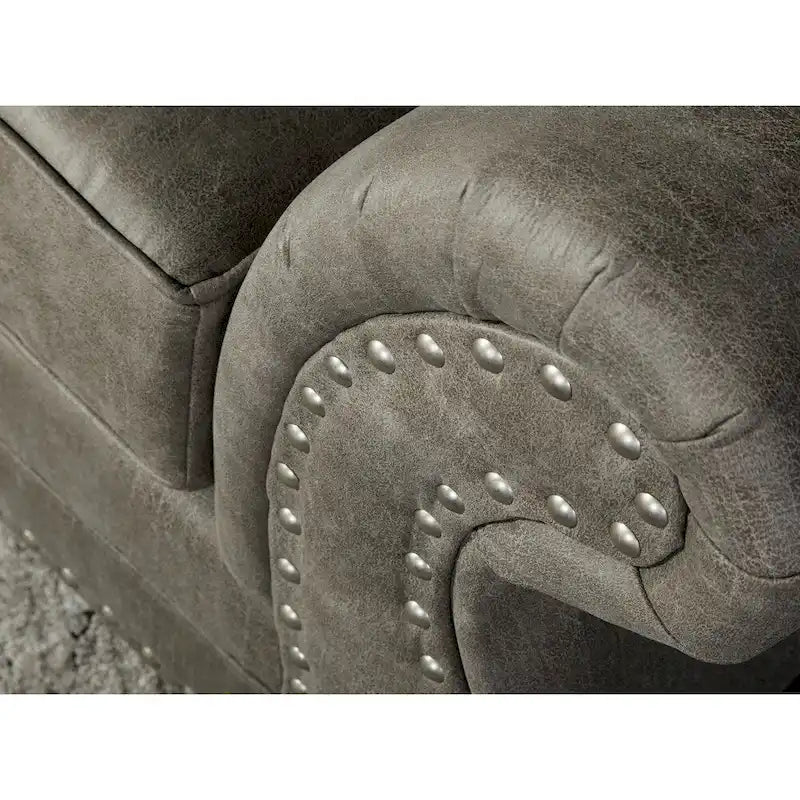 Roundhill Furniture Leinster Faux Leather Upholstered Nailhead Sofa and Loveseat Set in Stone Gray