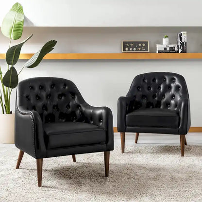 Melisa Classic Genuine Leather Wood Legs Barrel Chair With Tufted Back Set Of 2 By HULALA HOME