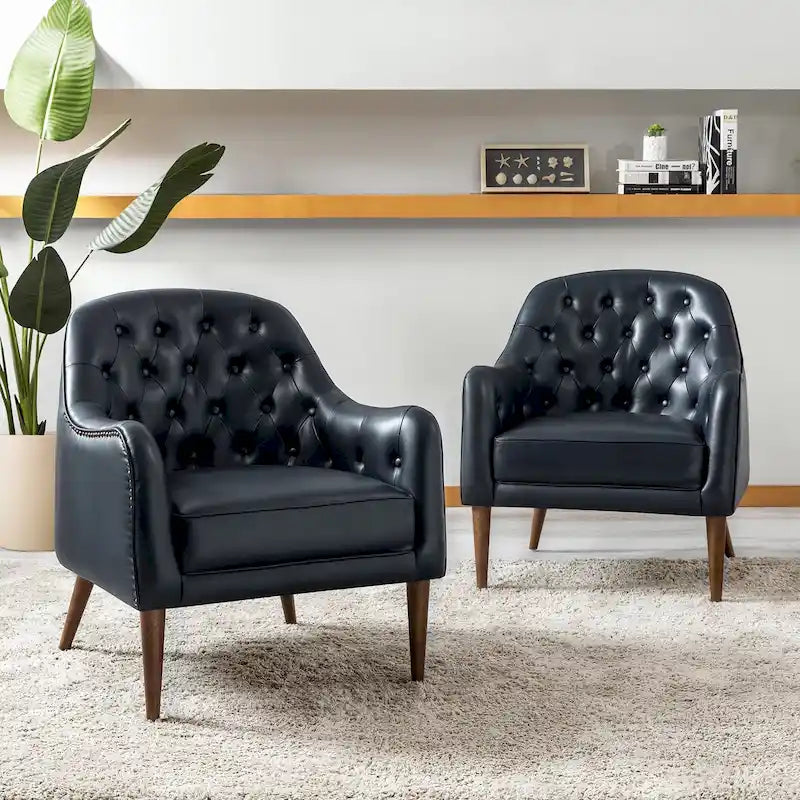 Melisa Classic Genuine Leather Wood Legs Barrel Chair With Tufted Back Set Of 2 By HULALA HOME