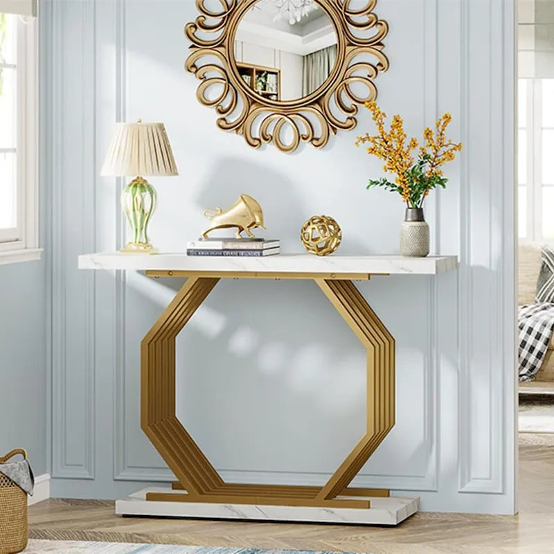 39.37  Gold Console Table, Modern White Marble Sofa Table with Geometric Metal Base