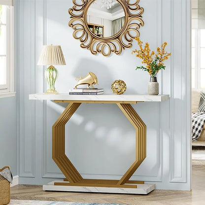 39.37  Gold Console Table, Modern White Marble Sofa Table with Geometric Metal Base