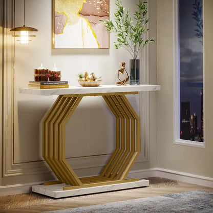 39.37  Gold Console Table, Modern White Marble Sofa Table with Geometric Metal Base