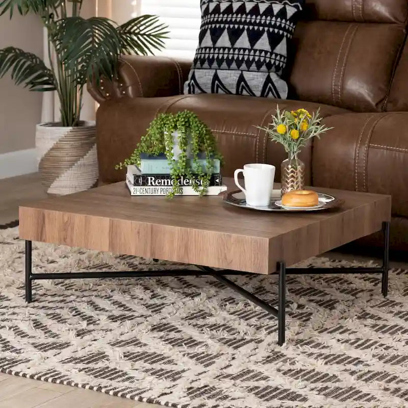 Savion Modern Industrial Walnut Brown Finished Wood and Black Metal Coffee Table