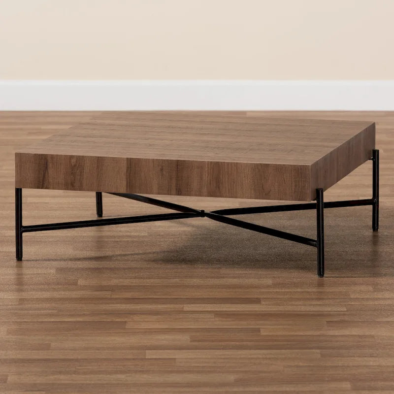 Savion Modern Industrial Walnut Brown Finished Wood and Black Metal Coffee Table