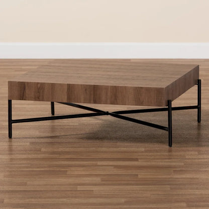 Savion Modern Industrial Walnut Brown Finished Wood and Black Metal Coffee Table