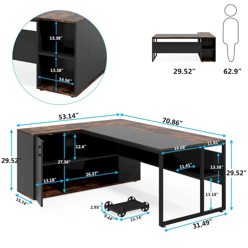 71 inch L Shaped Executive Desk with Cabinet