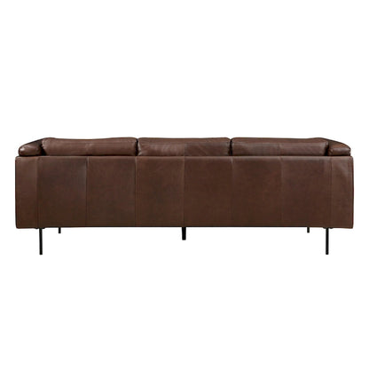 Sen 88 Inch Low Back Tufted Sofa, Brown Top Grain Leather, Metal Legs