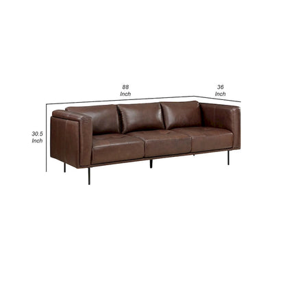 Sen 88 Inch Low Back Tufted Sofa, Brown Top Grain Leather, Metal Legs