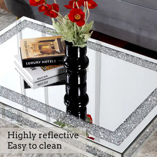 Rectangle Coffee Table with Crystal Inlay Mirrored Silver Center Table