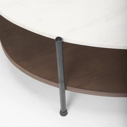 Larkin White Marble Top w/ Dark Brown Wood Shelf Oval Coffee Table