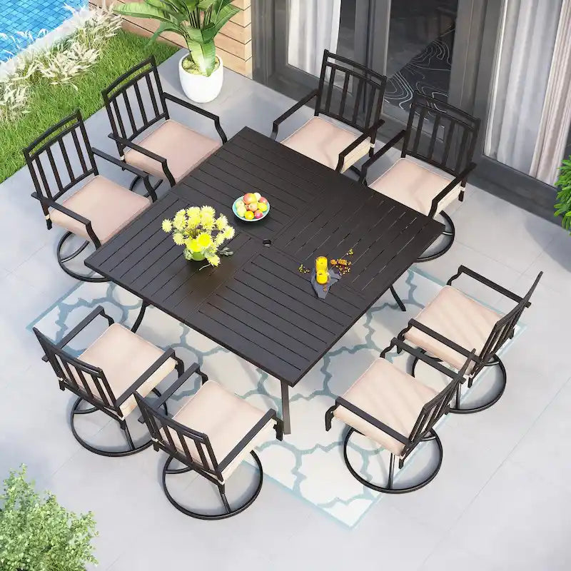 MAISON ARTS 9-Piece Patio Dining Set, 60 Inch Square Metal Table and 8 Swivel Dining Chairs