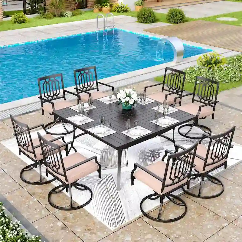 MAISON ARTS 9-Piece Patio Dining Set, 60 Inch Square Metal Table and 8 Swivel Dining Chairs