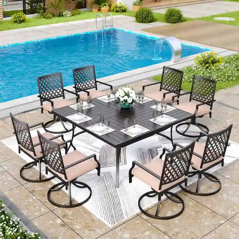 MAISON ARTS 9-Piece Patio Dining Set, 60 Inch Square Metal Table and 8 Swivel Dining Chairs