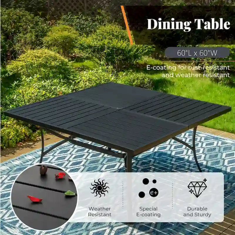 MAISON ARTS 9-Piece Patio Dining Set, 60 Inch Square Metal Table and 8 Swivel Dining Chairs