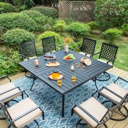 MAISON ARTS 9-Piece Patio Dining Set, 60 Inch Square Metal Table and 8 Swivel Dining Chairs