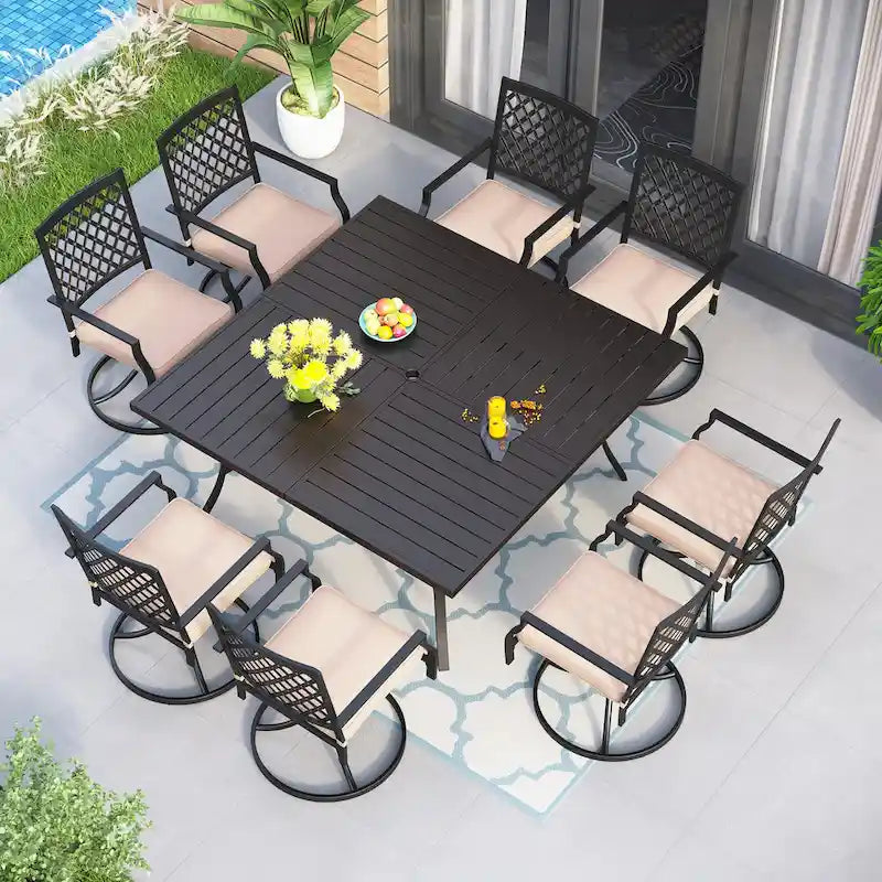 MAISON ARTS 9-Piece Patio Dining Set, 60 Inch Square Metal Table and 8 Swivel Dining Chairs