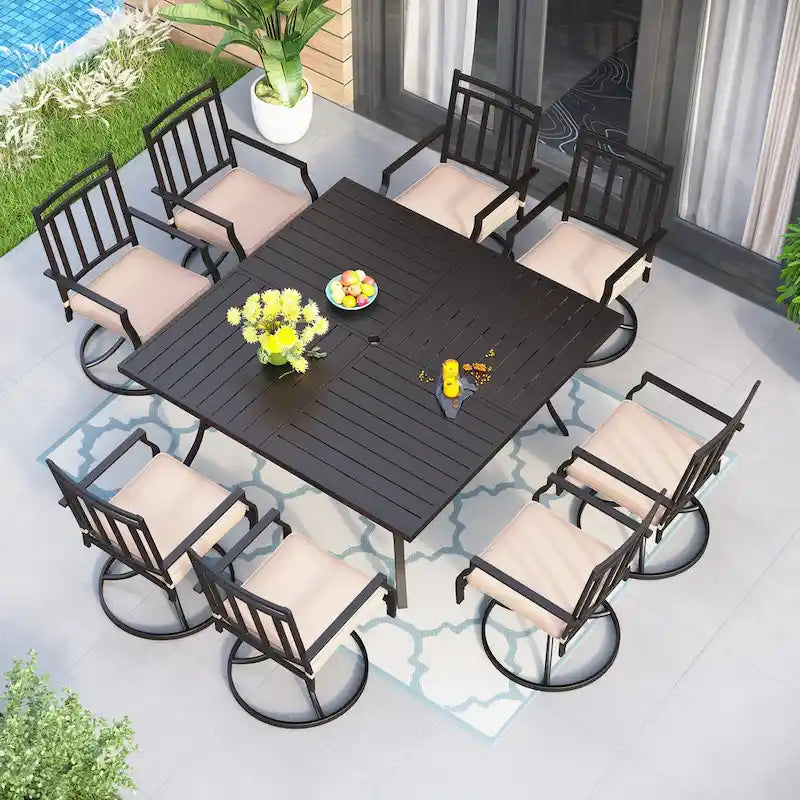 MAISON ARTS 9-Piece Patio Dining Set, 60 Inch Square Metal Table and 8 Swivel Dining Chairs