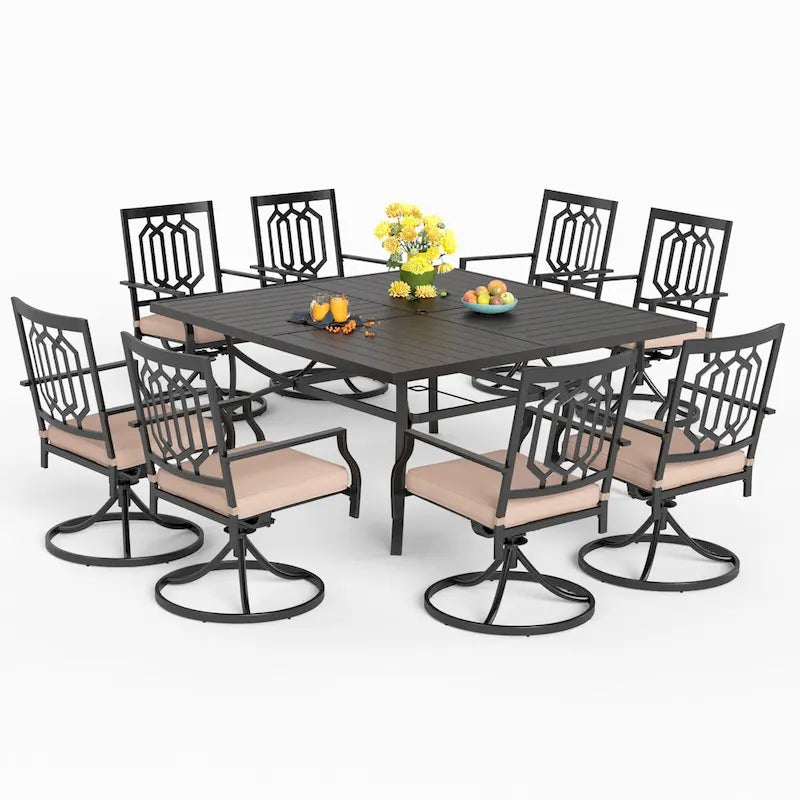 MAISON ARTS 9-Piece Patio Dining Set, 60 Inch Square Metal Table and 8 Swivel Dining Chairs