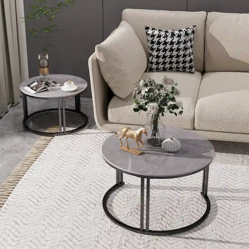 2X Round Nested Coffee Table SinteredStone Top Metal Tables - 27x16