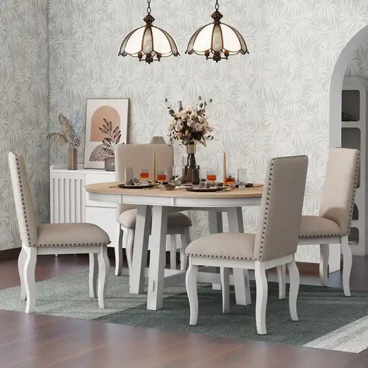 5-Piece Farmhouse Dining Table Set Wood Round Extendable Dining Table and 4 Upholstered Dining Chairs