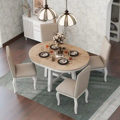 5-Piece Farmhouse Dining Table Set Wood Round Extendable Dining Table and 4 Upholstered Dining Chairs