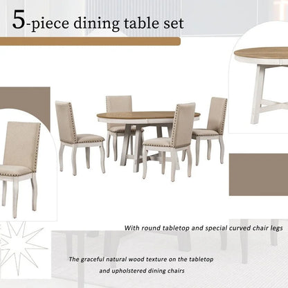 5-Piece Farmhouse Dining Table Set Wood Round Extendable Dining Table and 4 Upholstered Dining Chairs