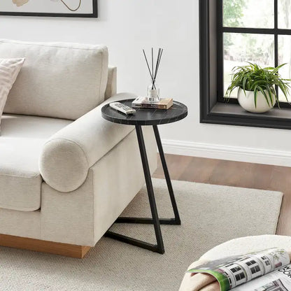 Addison Round Raised Lip Edge Angled Couch-Side Accent C-Table - Black Marble or Brown Walnut
