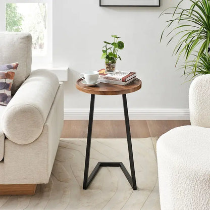 Addison Round Raised Lip Edge Angled Couch-Side Accent C-Table - Black Marble or Brown Walnut