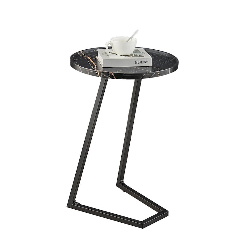 Addison Round Raised Lip Edge Angled Couch-Side Accent C-Table - Black Marble or Brown Walnut