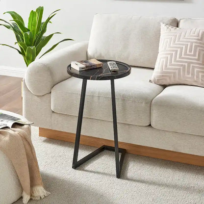 Addison Round Raised Lip Edge Angled Couch-Side Accent C-Table - Black Marble or Brown Walnut