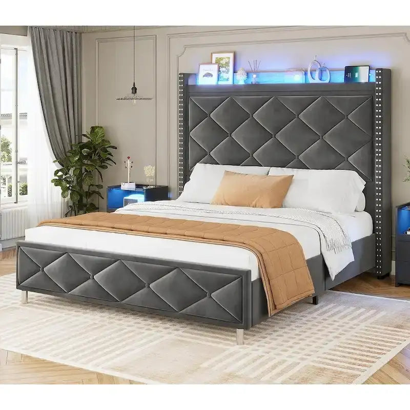 LED Bed Frame with 51.2  Tall Headboard Charging Station