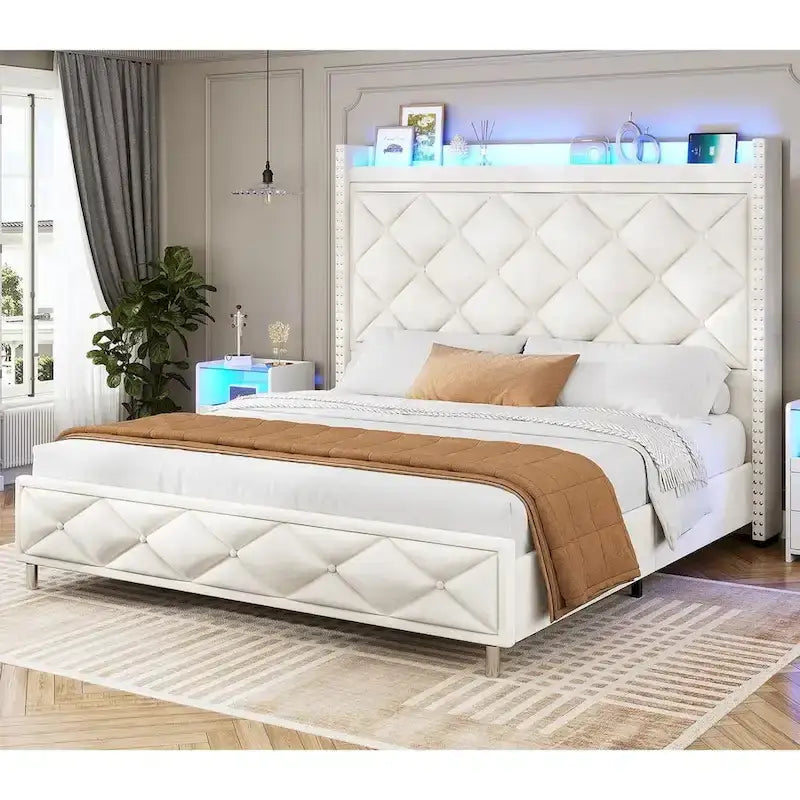LED Bed Frame with 51.2  Tall Headboard Charging Station