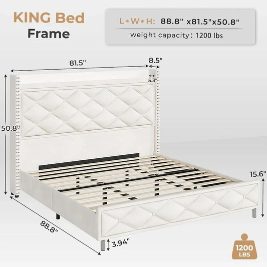 LED Bed Frame with 51.2  Tall Headboard Charging Station