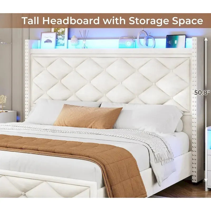 LED Bed Frame with 51.2  Tall Headboard Charging Station