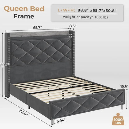 LED Bed Frame with 51.2  Tall Headboard Charging Station