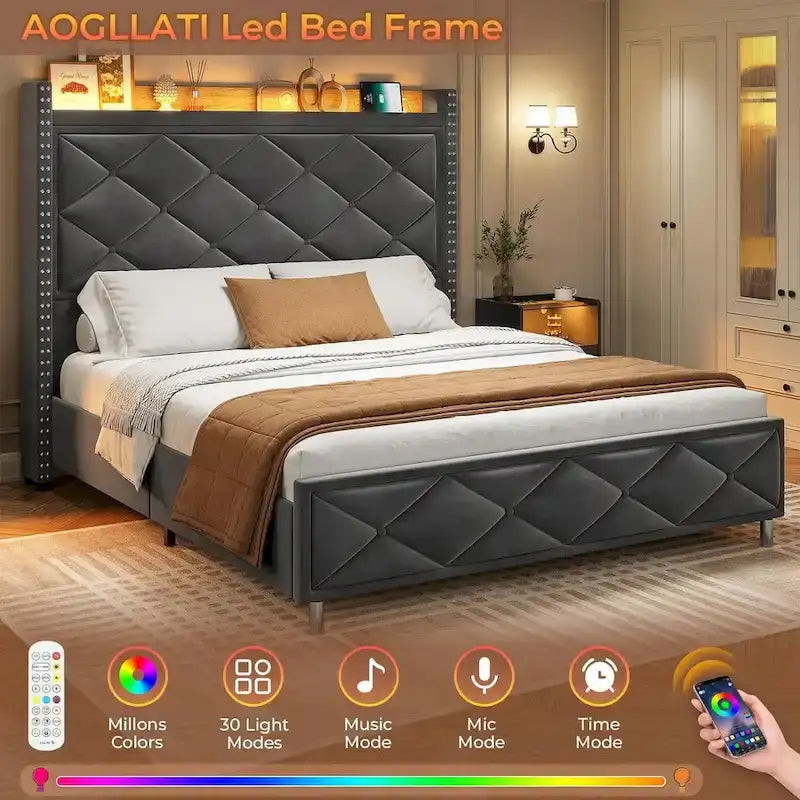LED Bed Frame with 51.2  Tall Headboard Charging Station