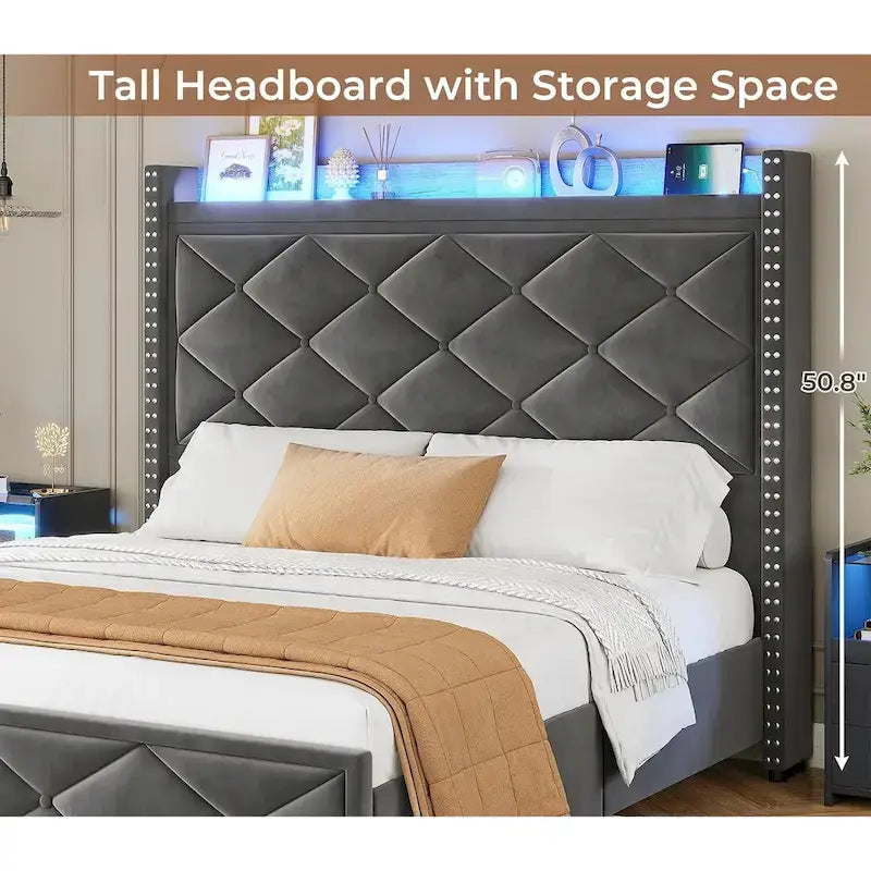 LED Bed Frame with 51.2  Tall Headboard Charging Station