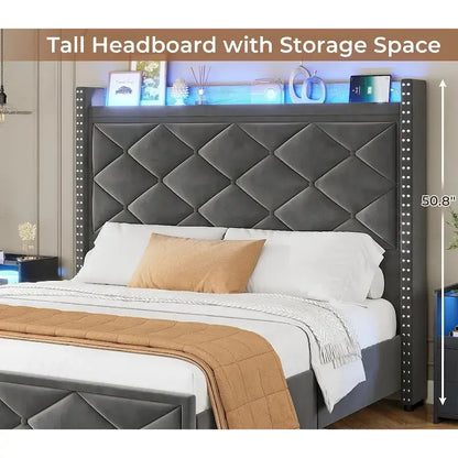 LED Bed Frame with 51.2  Tall Headboard Charging Station