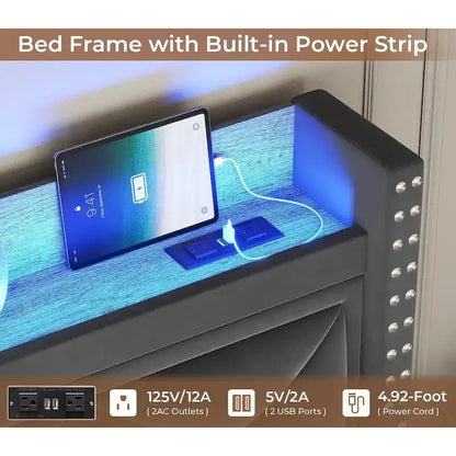 LED Bed Frame with 51.2  Tall Headboard Charging Station