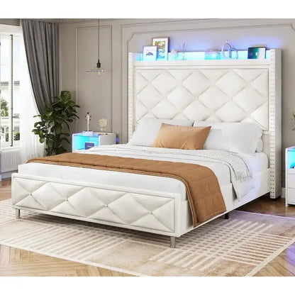 LED Bed Frame with 51.2  Tall Headboard Charging Station
