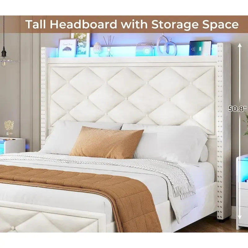 LED Bed Frame with 51.2  Tall Headboard Charging Station