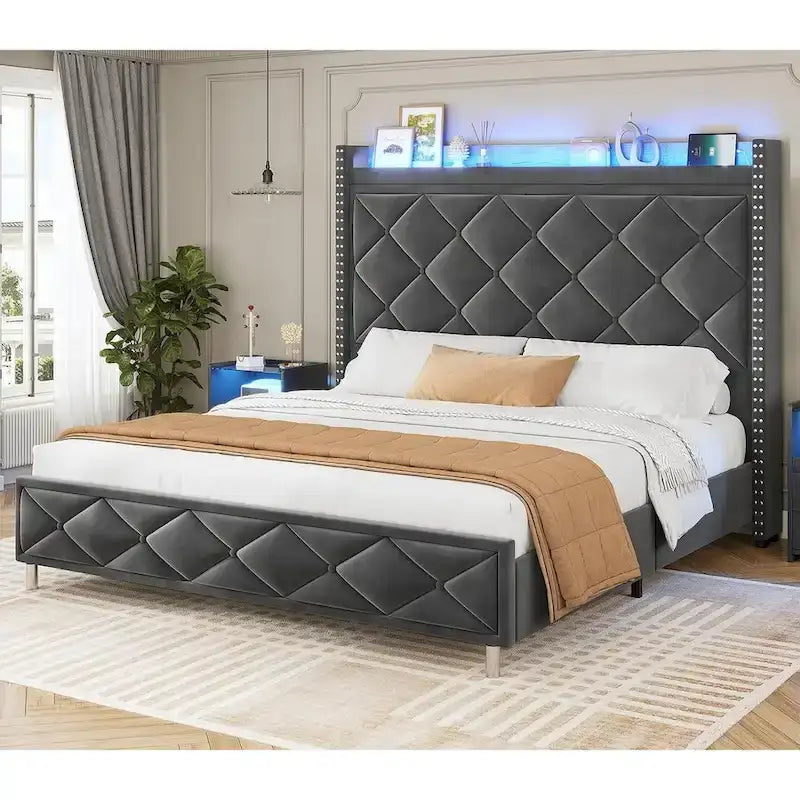LED Bed Frame with 51.2  Tall Headboard Charging Station