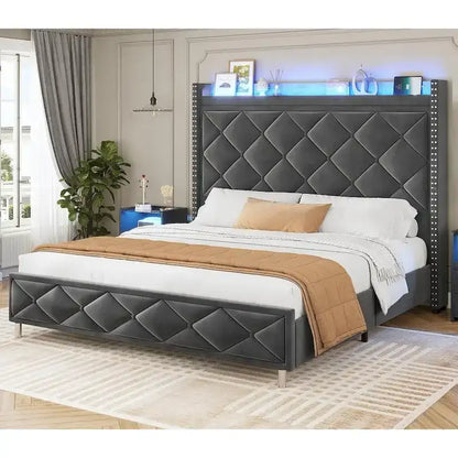 LED Bed Frame with 51.2  Tall Headboard Charging Station