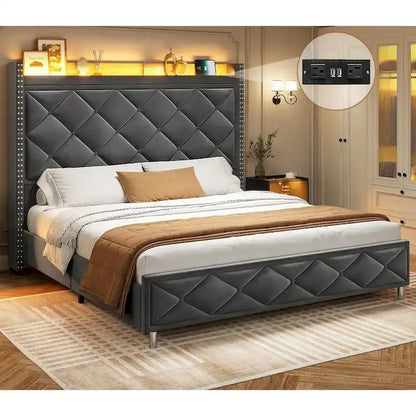 LED Bed Frame with 51.2  Tall Headboard Charging Station