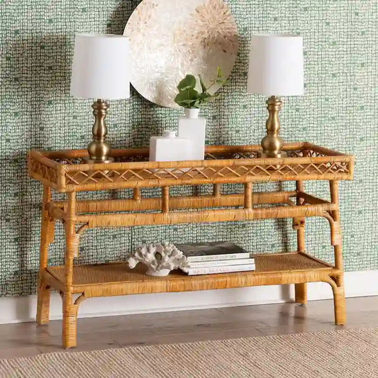 Savitri Modern Bohemian Natural Rattan 2-Tier Console Table