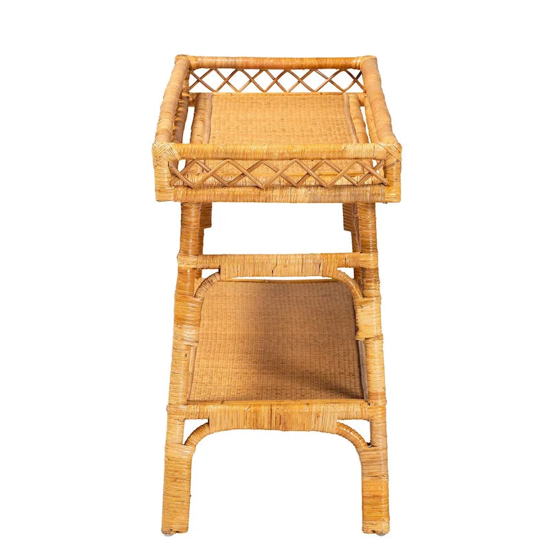 Savitri Modern Bohemian Natural Rattan 2-Tier Console Table
