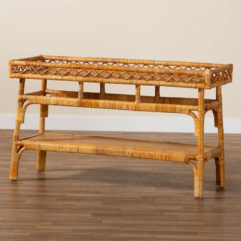 Savitri Modern Bohemian Natural Rattan 2-Tier Console Table