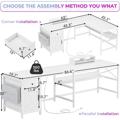 L Shaped Computer Desk Drawer Power Strip Storage Cabinet Storage Bag