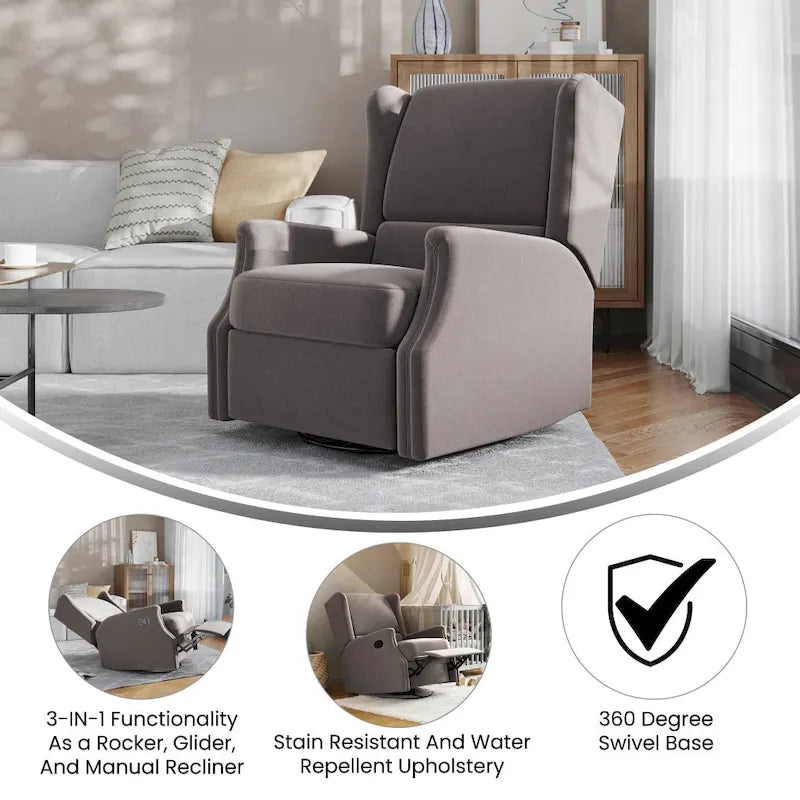 Wingback Manual Rocking Glider Recliner Chair with 360 Swivel